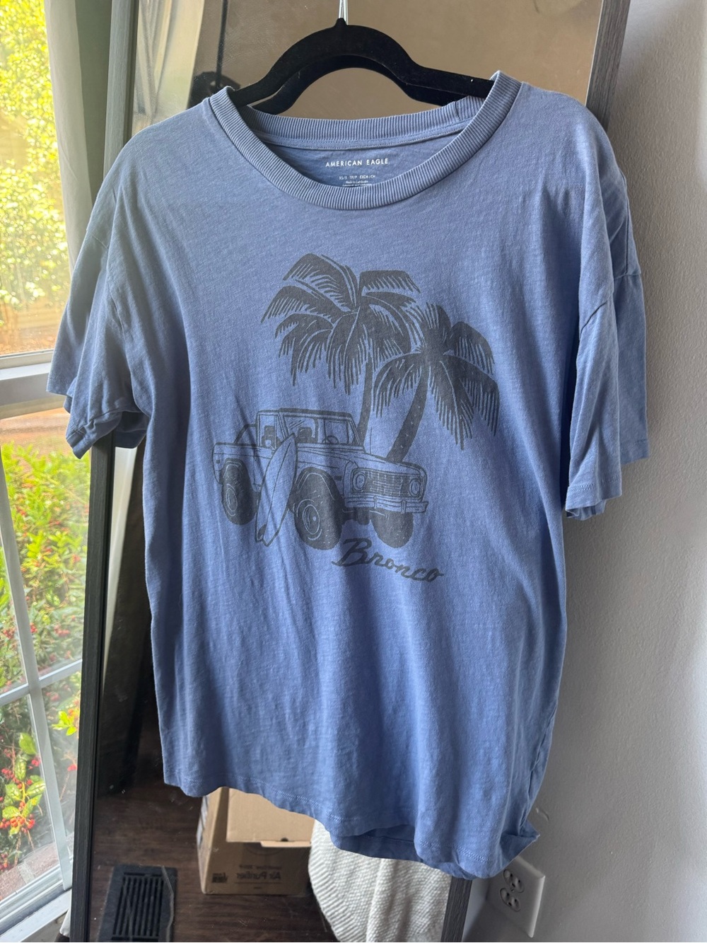 American Eagle Outfitters Oversized Blue Graphic Tee with Bronco Palm Print